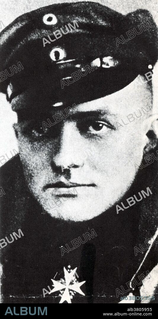 Caption: "Thousands of German schoolgirls pinned this photograph of Baron Von Richtoven on their walls. The legendary Red Baron, said to have been worth two infantry divisions, was the last knight of the 20th century." Manfred Albrecht Freiherr von Richthofen (May 2, 1892 - April 21, 1918) was a WWI German flying ace. Originally a cavalryman, he transferred to the Air Service in 1915, becoming one of the first members of Jasta 2. He distinguished himself as a fighter pilot, and during 1917 became leader of Jasta 11 and then the larger unit Jagdgeschwader 1. By 1918, he was regarded as a national hero, and was very well known by the other side. He was a notable tactician and squadron leader and a fine marksman. It was his Albatros D.III that was first painted bright red, in late January 1917, and in which he first earned his name and reputation. Richthofen was shot down and killed near Amiens on April 21, 1918. There has been considerable discussion and debate regarding aspects of his career, especially the circumstances of his death. He is considered the top ace of that war, being officially credited with 80 air combat victories. He remains perhaps the most widely known fighter pilot of all time, and has been the subject of many books, films and other media.