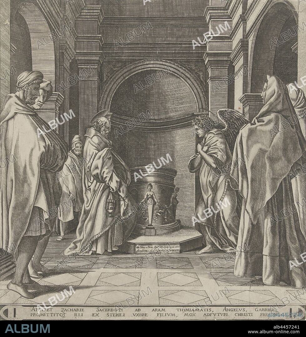 Announcement to Zacharias, In the interior of a temple stands the high priest Zacharias with a censer in his hand. Opposite him is the archangel Gabriel, who announces to Zacharias the birth of a son, John the Baptist. Below the show two lines in Latin, Luc. 1, annunciation of the birth of John the Baptist to Zacharias: while he is offering incense in the temple an angel (Gabriel) appears to him, Pieter van der Heyden (mentioned on object), Antwerp, 1601, paper, engraving, h 310 mm × w 292 mm.