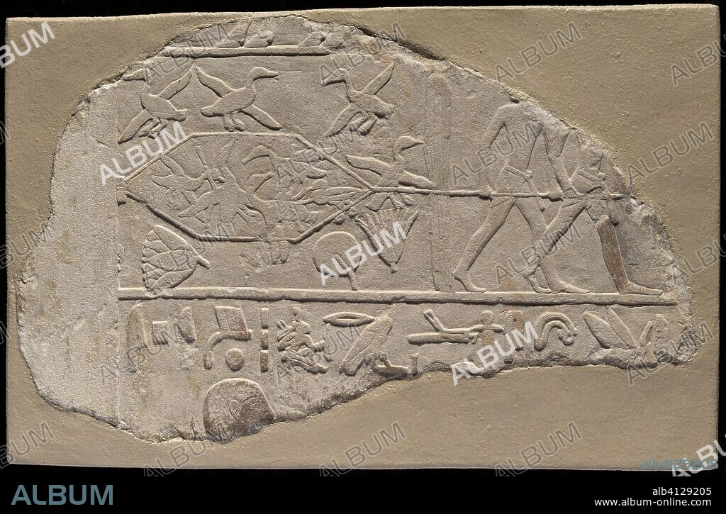 ANCIENT EGYPTIAN. Fragment of a Stela Depicting Fowling in the Marshes. Egyptian, from Sakkara. Date: 2186 BC-2061 BC. Dimensions: 20.3 × 35.5 × 7.5 cm (8 × 14 × 3 in.). Limestone with traces of pigment. Origin: Sakkara.