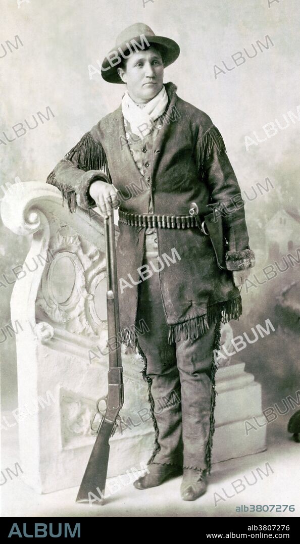 Martha Jane Canary (May 1, 1852 - August 1, 1903), better known as Calamity Jane, was an American frontierswoman and professional scout. She received little to no formal education and was illiterate. She worked as a dishwasher, a cook, a waitress, a dance-hall girl, a nurse, and an ox team driver. In 1874, she found work as a scout at Fort Russell. In 1876, she settled in the area of Deadwood and became friendly with Wild Bill Hickok and Charlie Utter. After Hickok's death she continued living in the Deadwood and in late 1876 or 1878, she nursed the victims of a smallpox epidemic. In 1881, she bought a ranch in Montana, along the Yellowstone River, where she kept an inn. In 1893, she started to appear in Buffalo Bill's Wild West as a storyteller. She also participated in the 1901 Pan-American Exposition. She returned to the Black Hills in the early spring of 1903. It was reported that she had been drinking heavily on board the train and became very sick to her stomach. She died soon afterward from inflammation of the bowels and pneumonia. She was buried at Mount Moriah Cemetery, South Dakota, next to Wild Bill Hickok.