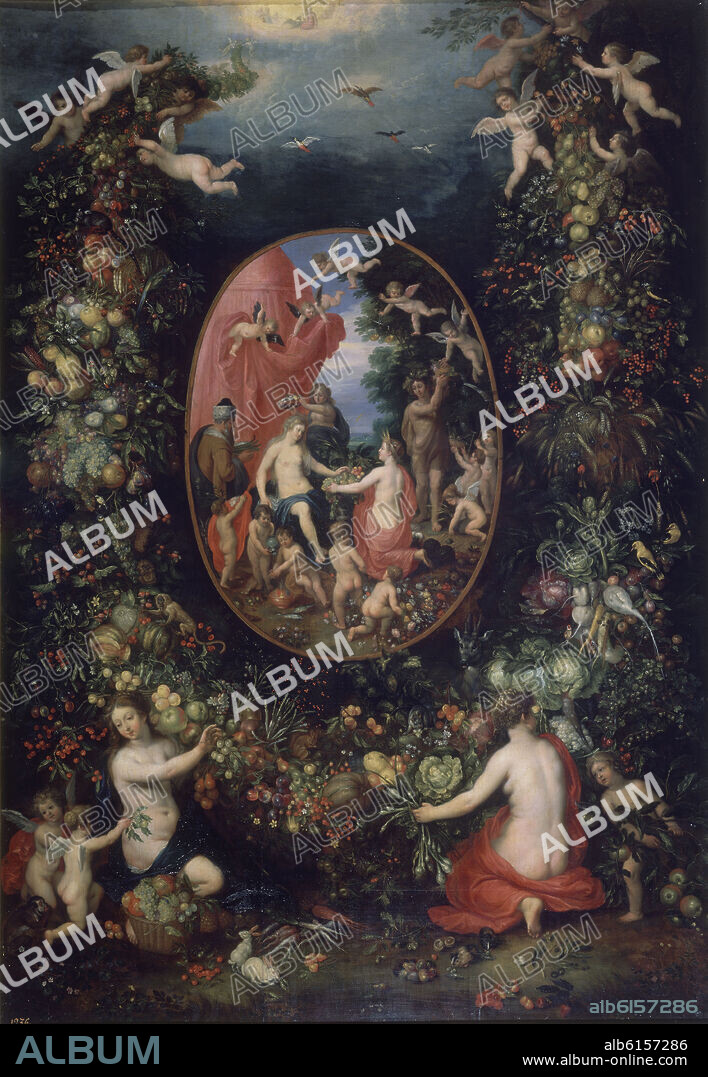 JAN BRUEGHEL EL VIEJO Y HENDRICK VAN BALEN. CIBELES Y LAS ESTACIONES DENTRO DE UN FESTON DE FRUTAS - SIGLO XVII - OLEO/TABLA - 106x73 cm - BARROCO FLAMENCO - NP 1414.