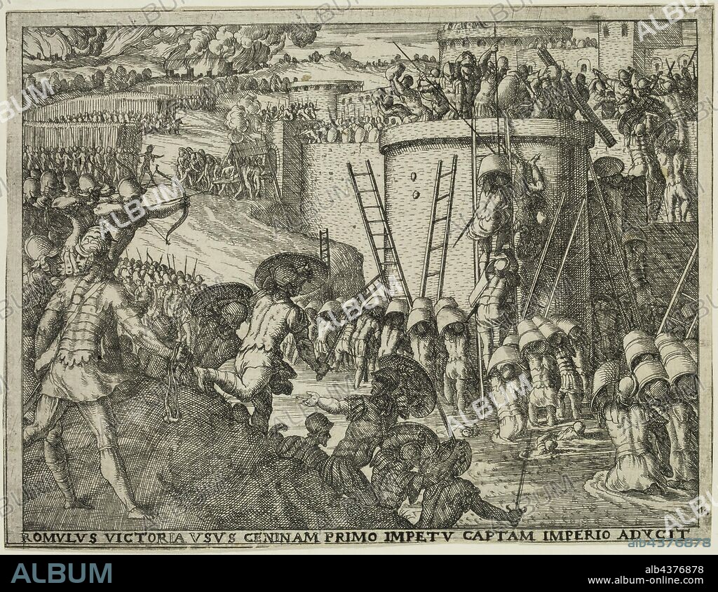 Giovanni Battista Fontana, Italian, 1524-1587, Romulus Takes the City of Caenina, 1573, etching and engraving printed in black ink on laid paper, Sheet: 5 3/8 × 7 inches (13.7 × 17.8 cm).
