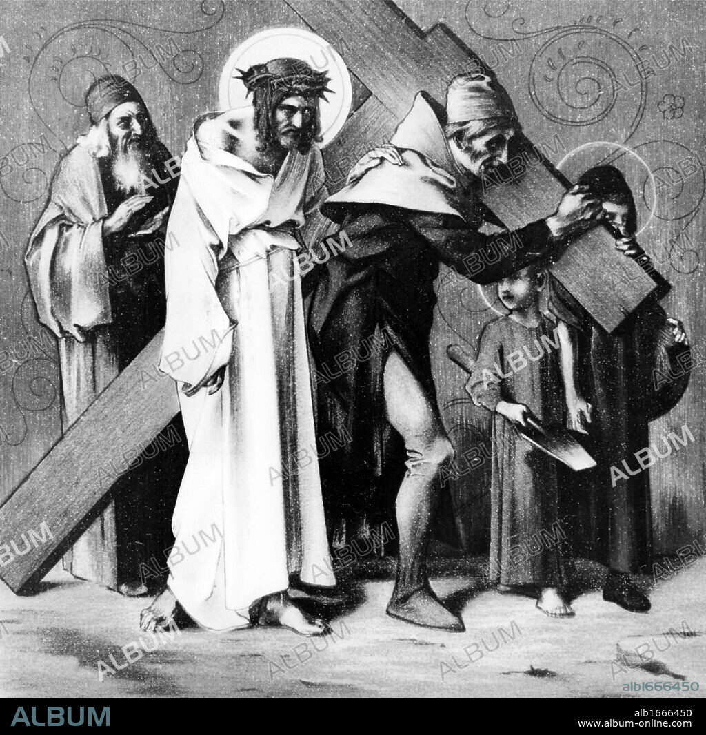 MARTIN FEUERSTEIN. The Cyrenian Helps Jesus to Carry His Cross (5th station of the Cross) by Martin Ritter von Feuerstein, oil painting, circa 1898, 1856 - 1931, Germany, Munich, Saint Anna Church.