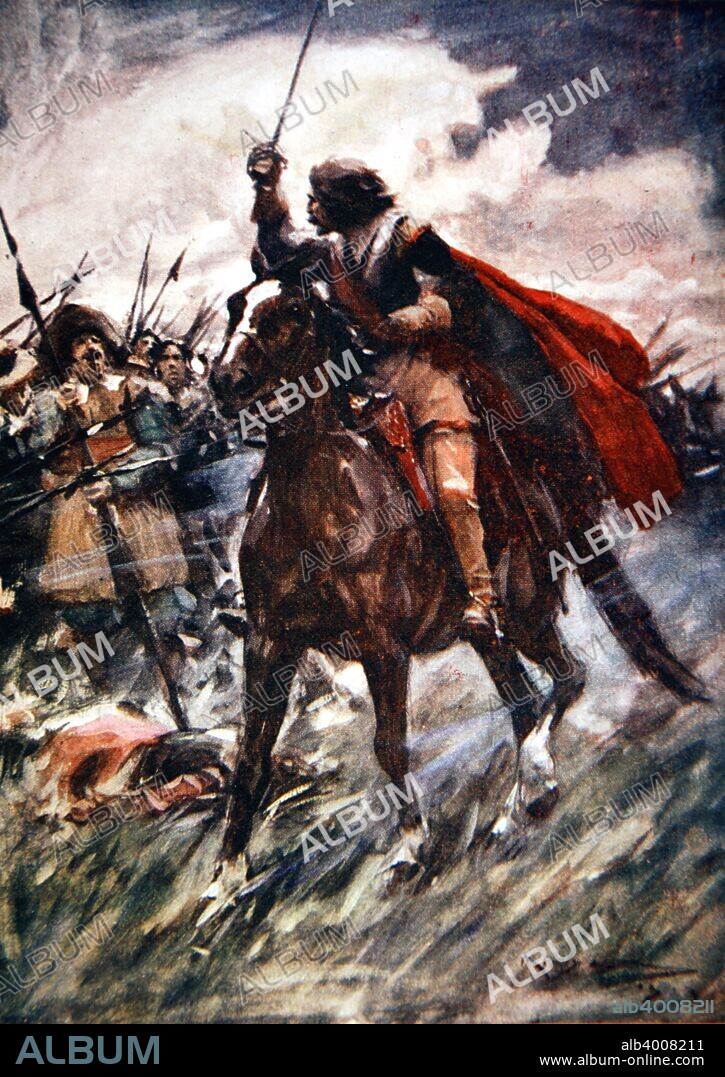 Albrecht von Wallenstein at the Battle of Lutzen, 1632 (1913). Through their ranks rode Wallenstein, drawn sword in hand. The Battle of Lutzen was an engagement in the Thirty Years War fought between the armies of Sweden, commanded by King Gustavus Adolphus, and the Holy Roman Empire led by the Bohemian general Albrecht von Wallenstein (1583-1634). The Swedes won the battle but Gustavus Adoplhus was killed while leading a cavalry charge. From A History of Germany by HE Marshall.