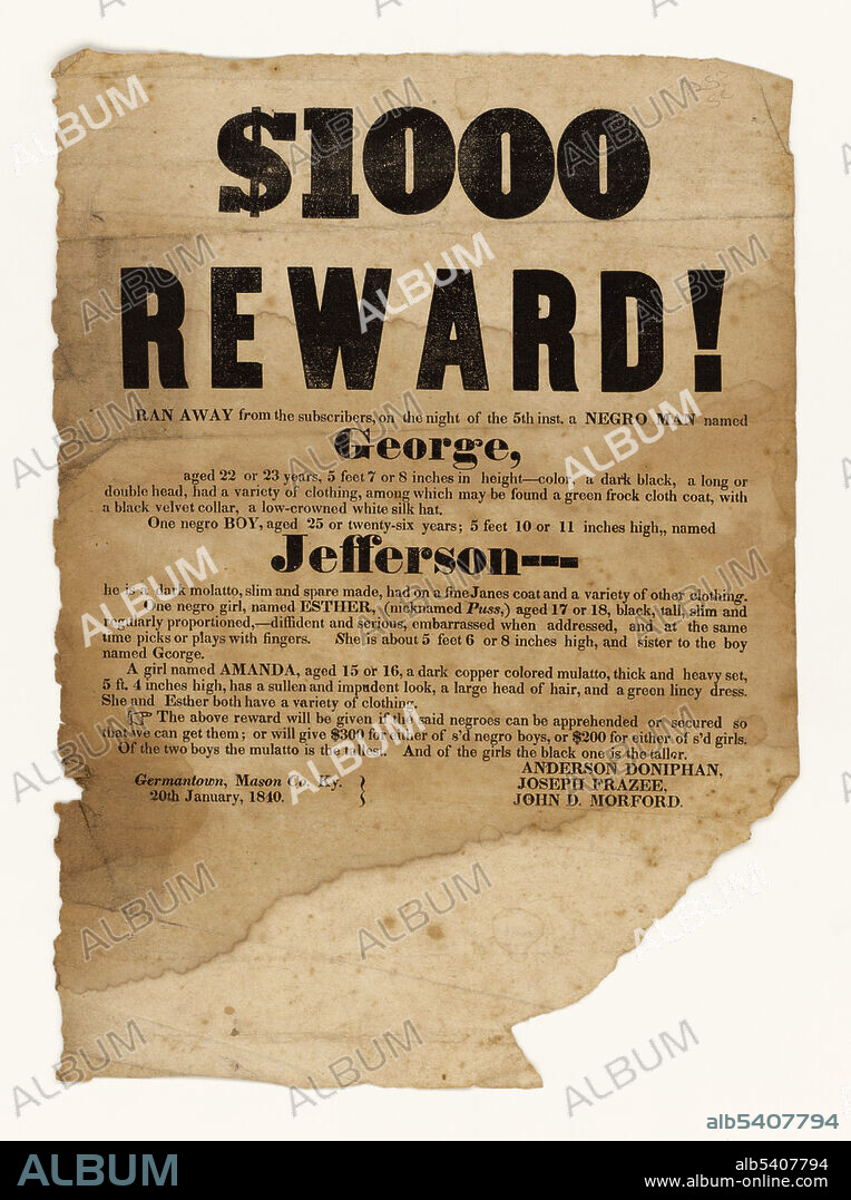 A broadside advertising a reward for fugitive slaves George, Jefferson, Esther, and Amanda. From January 20, 1840, Germantown, Kentucky.