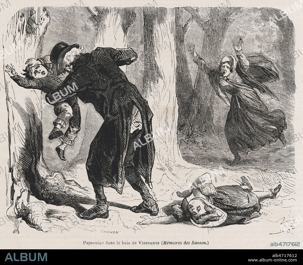Louis Auguste PAPAVOINE (1783-1827) tue les enfants Gerbod le 10 octobre 1824 dans le bois de Vincennes. Illustration d'Horace CASTELLI (1825-1889) pour Les Mémoires des Sanson par Henri-Clement SANSON (1799-1889) reprises dans Le Nouveau Journal du 31 decembre 1864. Credit : Collection Jonas/Kharbine-Tapabor.