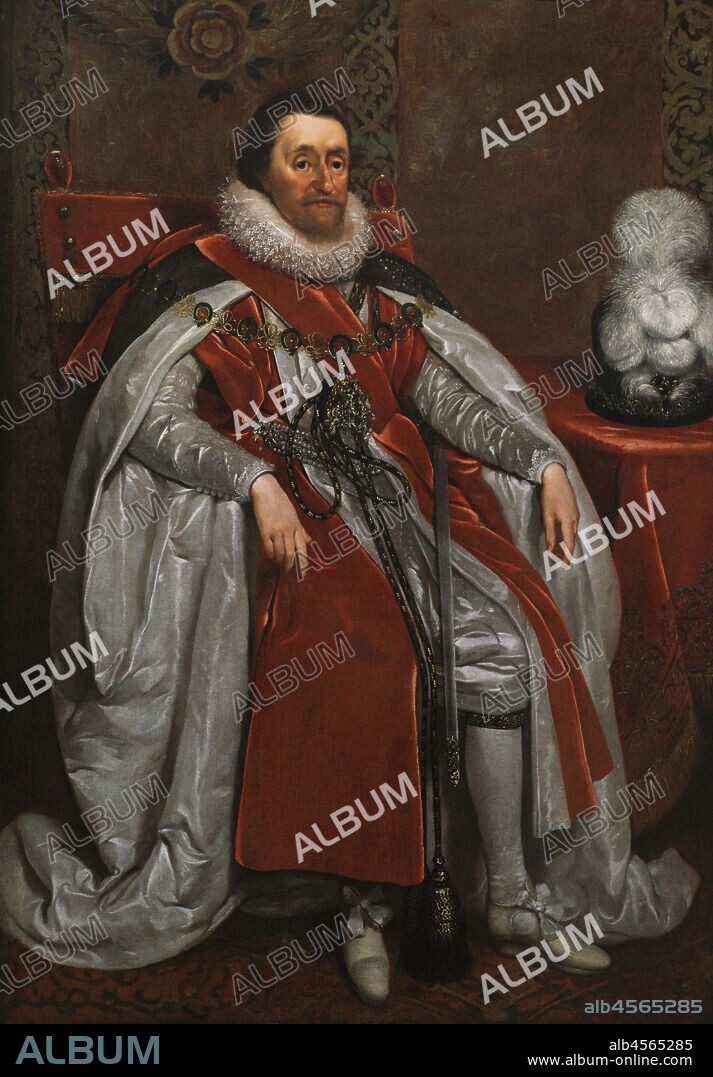 DANIEL MYTENS (1590-1647/48). DUTCH PAINTER.. Jacobo I de Inglaterra e Irlanda y VI de Escocia (1566-1625). Retrato realizado por Daniel Mytens (1590-1647/48). Oleo sobre lienzo (148,6 x 100,6 cm), 1621. National Portrait Gallery. Londres. Inglaterra.