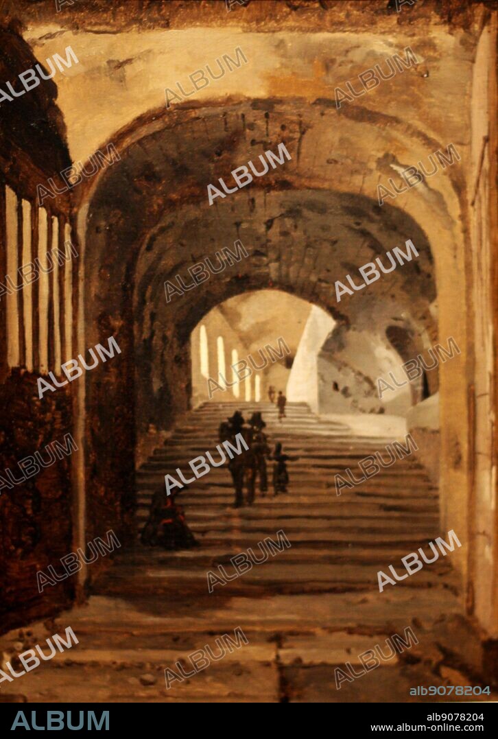 Attributed to Jean-Baptiste-Camille Corot (1796-1875) Staircase in the Entrance to the Villa of Maecenas at Tivoli. Oil on paper laid on canvas. The Villa was constructed by the celebrated patron of the arts, Maecenas, who was also the epitome of decadence, on both counts. He was a fascinating figure to artists visiting Rome.