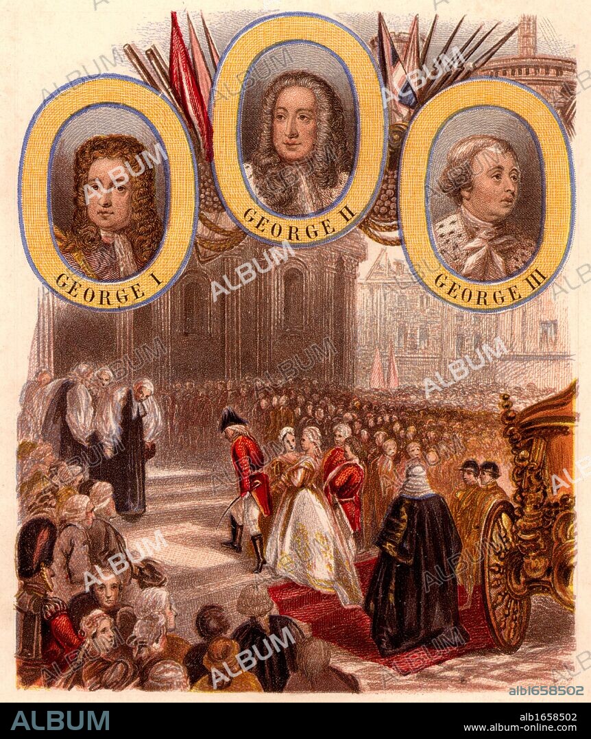 George III (1738-1820) King of Great Britain from 1760. George III and Queen Charlotte arriving on the steps of St Paul's Cathedral, London, to give thanks for the king's recovery from mental illness, 23 April 1789.  At top are portraits of George I, George II, and George III. Kronheim chromolithograph c1865.   (Photo by: Universal History Archive/UIG via Getty Images).