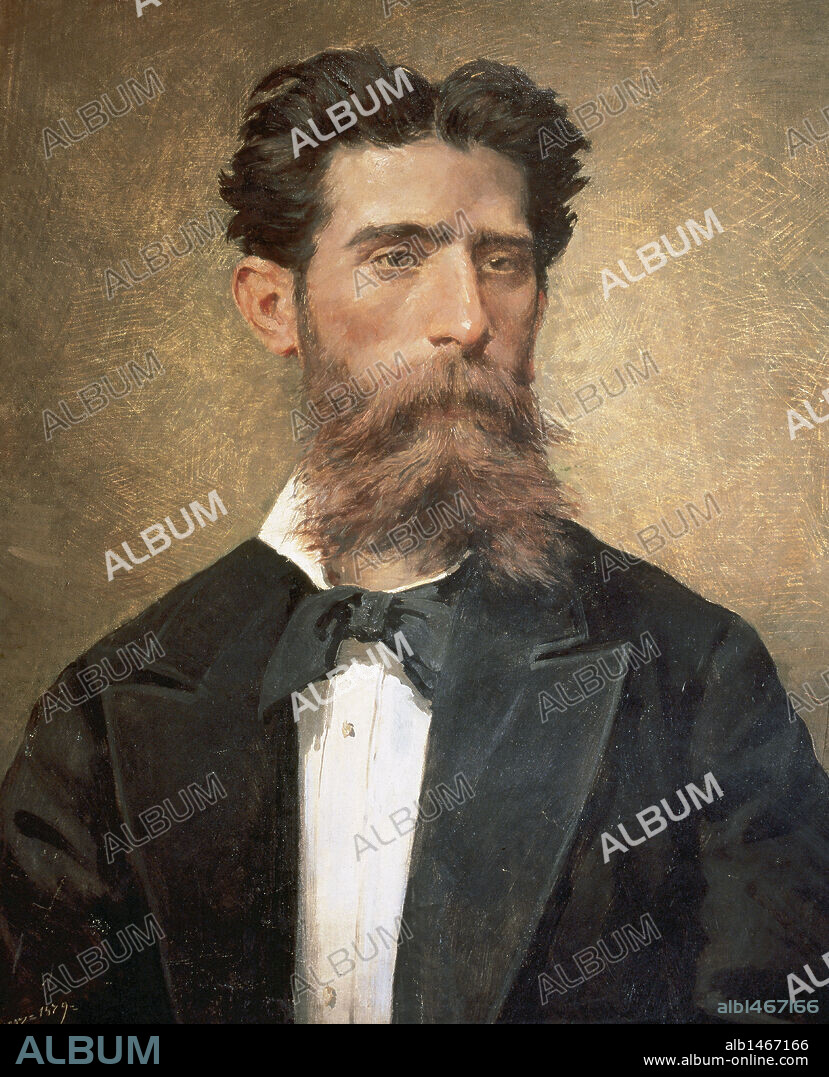 BRETON, Tomás (Salamanca, 1850-Madrid, 1923). Compositor español. Terminó sus estudios en el conservatorio de Madrid con el primer envío. Compuso nueve óperas, entre ellas "Los amantes de Teruel" (1879), "Garín" (1891) y "La Dolores" (1895). De sus zarzuelas cabe destacar "La Verbena de la Paloma" (1893). Oleo de Luís TABERNER. Asociación de Escritores y Artistas. Madrid. España.