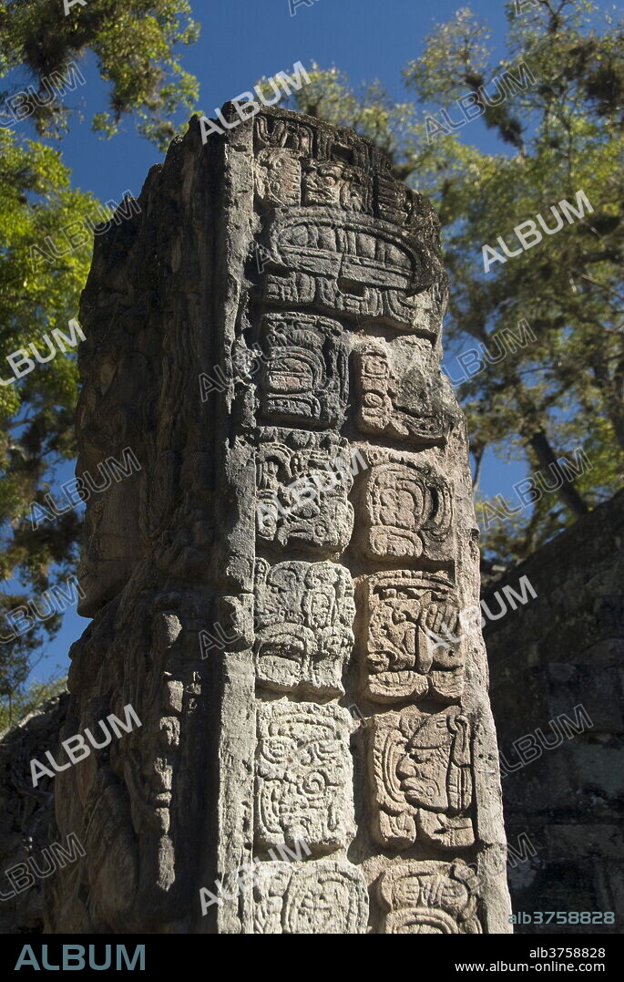 Mayan glyphs on the side of Stela P, West Court, Copan Archaeological Park, Copan, UNESCO World Heritage Site, Honduras, Central America.