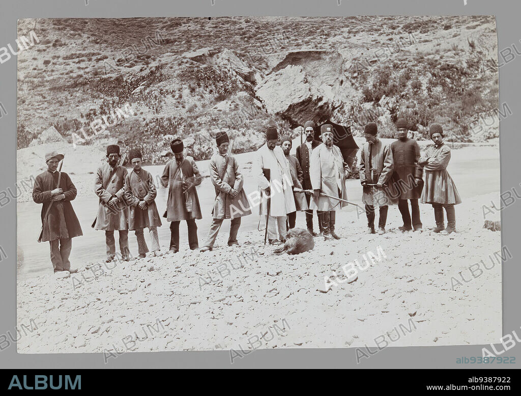 Mozaffar al-Din Shah on a Royal Hunt, One of 274 Vintage Photographs, Gelatin silver printing out paper, late 19th-early 20th century, Qajar, Qajar Period, 4 5/16 x 6 5/16 in., 11.0 x 16.0 cm, dead, guns, Iran, kill, Persia, power, rifles, ruler.
