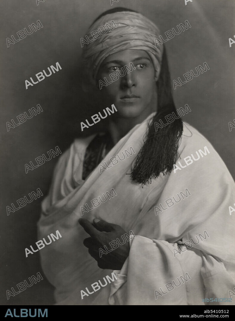 Rudolph Valentino (1895 - 1926) was a famous Italian actor who starred in several classic American silent films. He was a sex symbol of the 1920s, known in Hollywood as the Latin Lover (invented by press agents) and The Great Lover. His premature death caused mass hysteria among his fans and further propelled his status as a cultural film icon. Gelatin silver print by Donald Biddle Keyes, 1921 (cropped and cleaned).