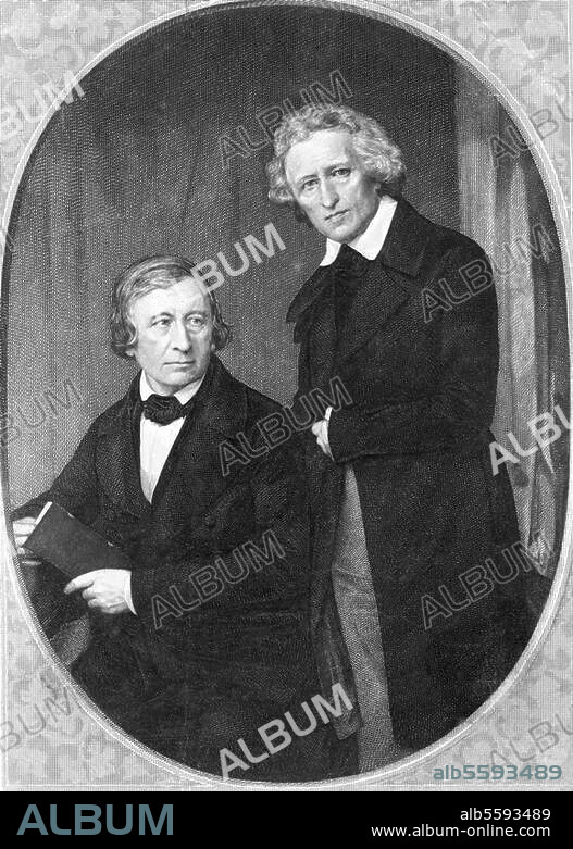 LAZARUS GOTTLIEB SICHLING and HERMANN BIOW. Grimm, Jacob; Germanist; (Hanau 4.1.1785 - Berlin 20.9.1863) and his brother Wilhelm Grimm; Germanist; (Hanau 24.2.1786 - Berlin 16.12.1859). Jacob (standing) and Wilhelm Grimm. Steel engr. by Lazarus Sichling (1812-1863) aft. Daguerreotypie, c. 1850, by Hermann Biow. Title page of Volume I of the Deutschen Wörterbuch, Leipzig 1854. Berlin, Sammlung Archiv für Kunst und Geschichte.
