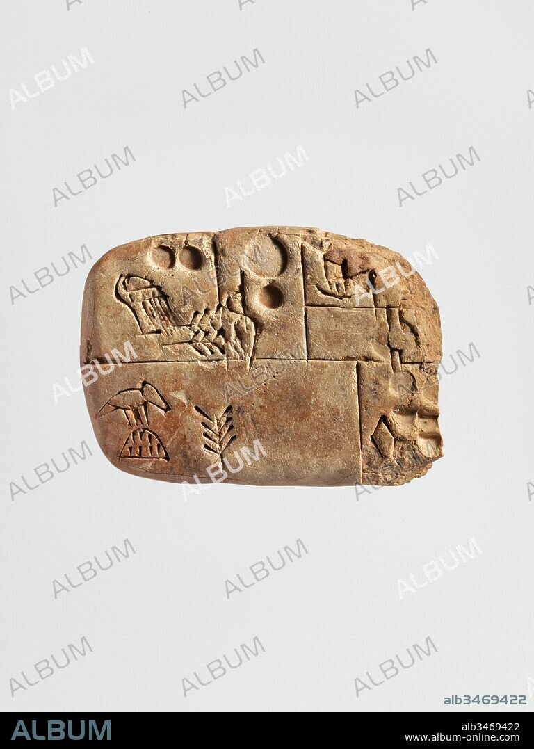 Cuneiform tablet: administrative account concerning the distribution of barley and emmer, Jemdet Nasr, ca. 3100–2900 B.C., Mesopotamia, probably from Uruk (modern Warka), Sumerian, Clay, 2.44 x 1.85 x .65 in. (6.2 x 4.7 x 1.65 cm), Clay-Tablets-Inscribed, Of the many legacies left by the ancient civilizations of southern Mesopotamia, the invention of writing is paramount. At the end of the fourth millennium B.C., written language developed in the region, first as pictographs and then evolving into abstract forms called cuneiform.