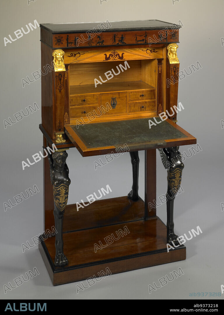 Fall-front Desk (Bonheur-du-jour), Charles-Joseph Lemarchand, French, 17591826, c.18001805, Mahogany, ebony, oak, marble, mirrored glass, gilded bronze, leather, and brass, Made in Paris, Île-de-France, France, Europe, Furniture, 48 3/4 x 27 3/4 x 15 in. (123.8 x 70.5 x 38.1 cm).