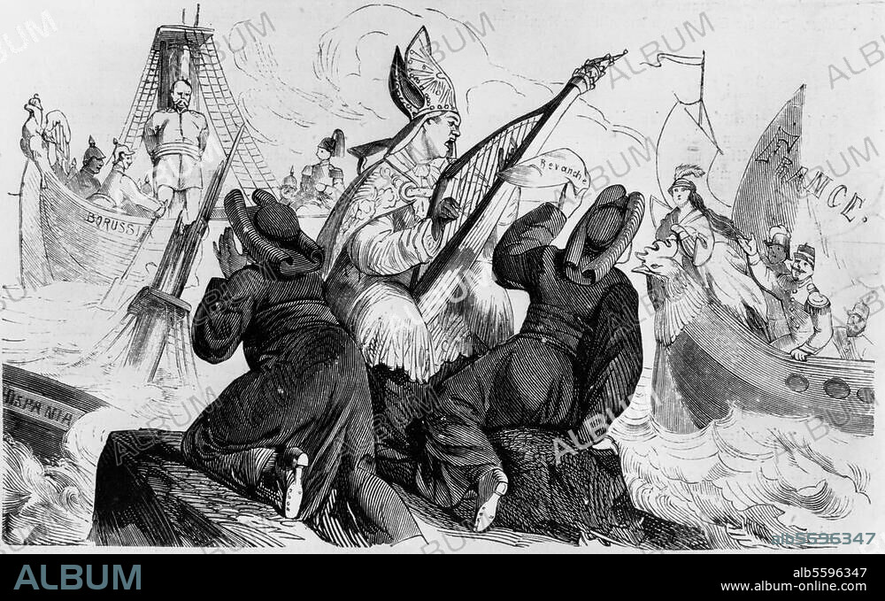 Kulturkampf 1871-1889. - "Die schwarzen Sirenen." - (Pius IX. und die Jesuiten als Sirenen, Bismarck als Odysseus. Karikatur auf die unterschiedliche Haltung Preußens und Frankreichs im Kulturkampf). Holzstich. Aus: Kladderadatsch (Berlin), 26. Jg., 1873, Nr. 37 (17. August).