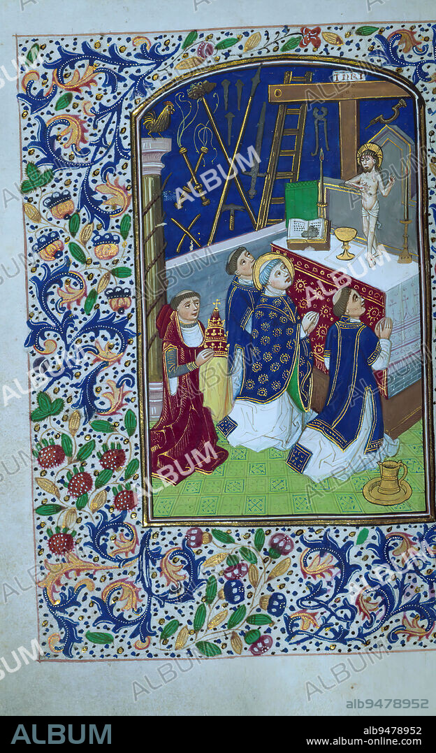Book of Hours, Mass of St. Gregory with instruments of the Passion, Illuminated in the style of Willem Vrelant, this Book of Hours was completed for Use in Rome ca. 1470. The manuscript contains a calendar in French intended for the diocese of Bayeux that was added in the late fifteenth century, with border miniatures painted in Rouen. Prayers to St. Gregory as well as the large number of female saints included in the litany indicate that the original owner was female. The Hours of the Virgin are illuminated with images of Christ's Passion.