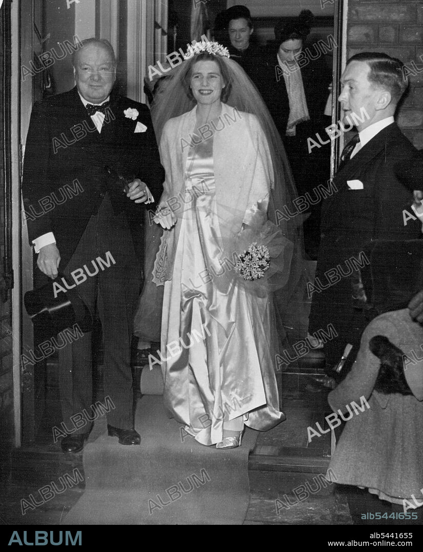 Mary Churchill's Wedding -- Mr. Winston Churchill and his daughter, Mary, leaving their home in Hyde Park Gate for St. Margaret's to-day, Tuesday. Miss Mary Churchill, youngest daughter of Mr.Winston Churchill and Mrs. Churchill, of Chartwell, Westerham, Kent, was married to-day, Tuesday, to Captain Christopher Soames, the Coldstream Guards, at St. Margaret's Westminster. The bride, who was given away by her father, wore a classic wedding dress of white slipper satin, the full skirt cut one with the train. Her crown of orange blossom was matched by an orange blossom bouquet. February 11, 1947.