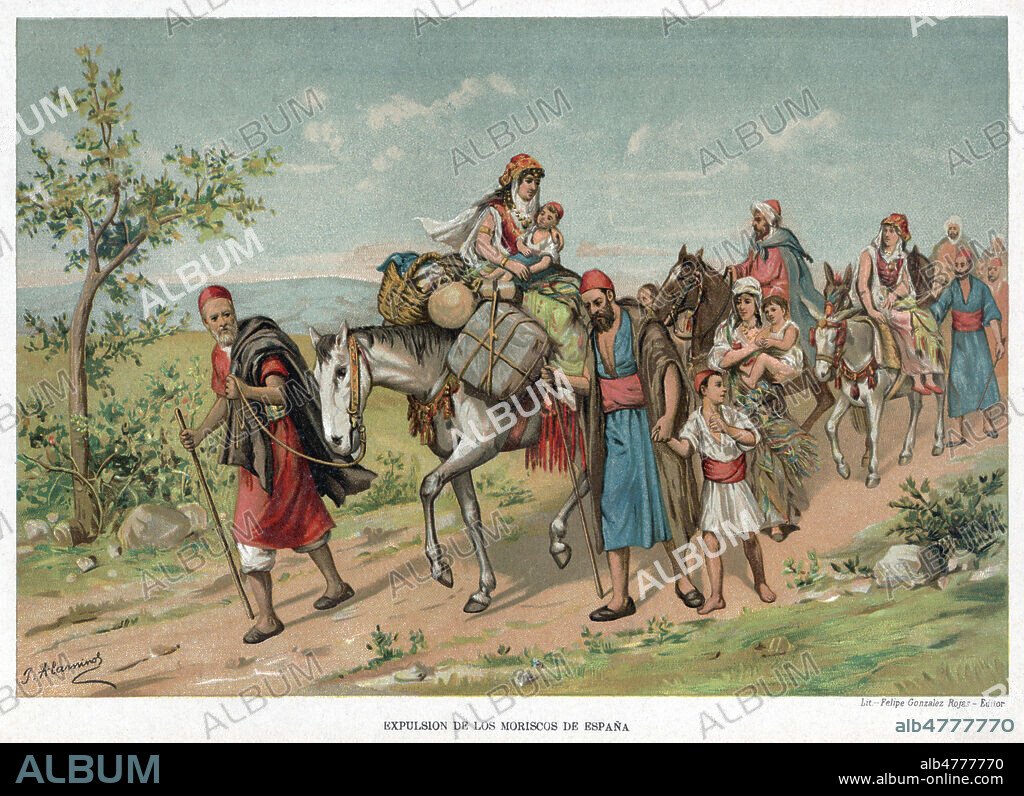 Expulsion des morisques d'Espagne en 1609 (musulmans convertis de force au catholicisme). Illustration de Juan ALAMINOS (19 s.) pour Historia des Espana vers 1885. Credit : Coll. Jonas/Kharbine-Tapabor.