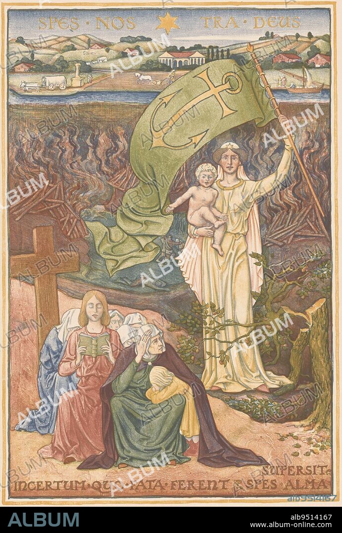 A woman with a child in her arms is holding a banner with an anchor symbolising hope. She is in a devastated and burning area. At her feet lies a snapped tree with fruits. In the foreground on the left, a group of women are squatting in front of a cross. In the background a Transvaal landscape with farmers. At the top the inscription 'Spes nostra Deus' (God is our hope), at the bottom the inscription 'Incertum quo fata ferent spes alma supersit' (uncertain is where fate will take us, may hope remain), Transvaal print (original title)., print maker: Antoon Derkinderen, 1902, paper, h 432 mm × w 323 mm.