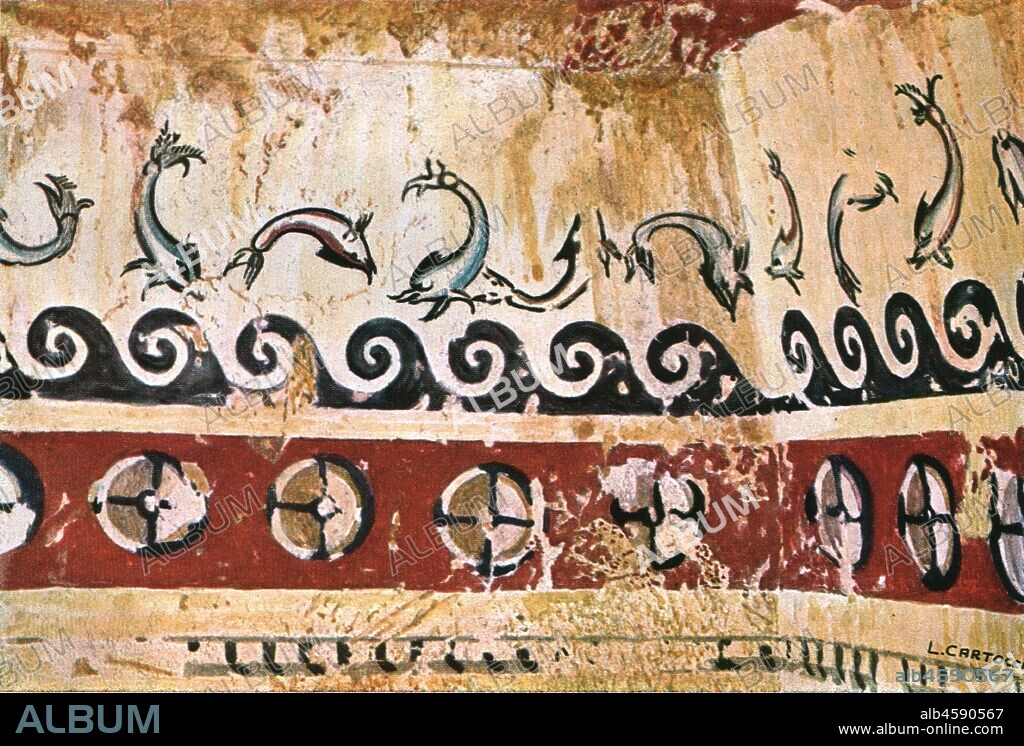 Mural painting in the Tomb of Typhon (Tomba del Tifone) at Tarquinia, Italy, (1928]. Etruscan burial chamber, '3rd-2nd Century B.C...Frieze of flying fish [dolphins] over stylicised waves'. After a water-colour by L. Cartocci. Plate XXIII, fig 61, from "An Encyclopaedia of Colour Decoration from the Earliest Times to the Middle of the XIXth Century" with explanatory text by Helmuth Bossert. [Ernst Wasmuth Ltd., Berlin, 1928].