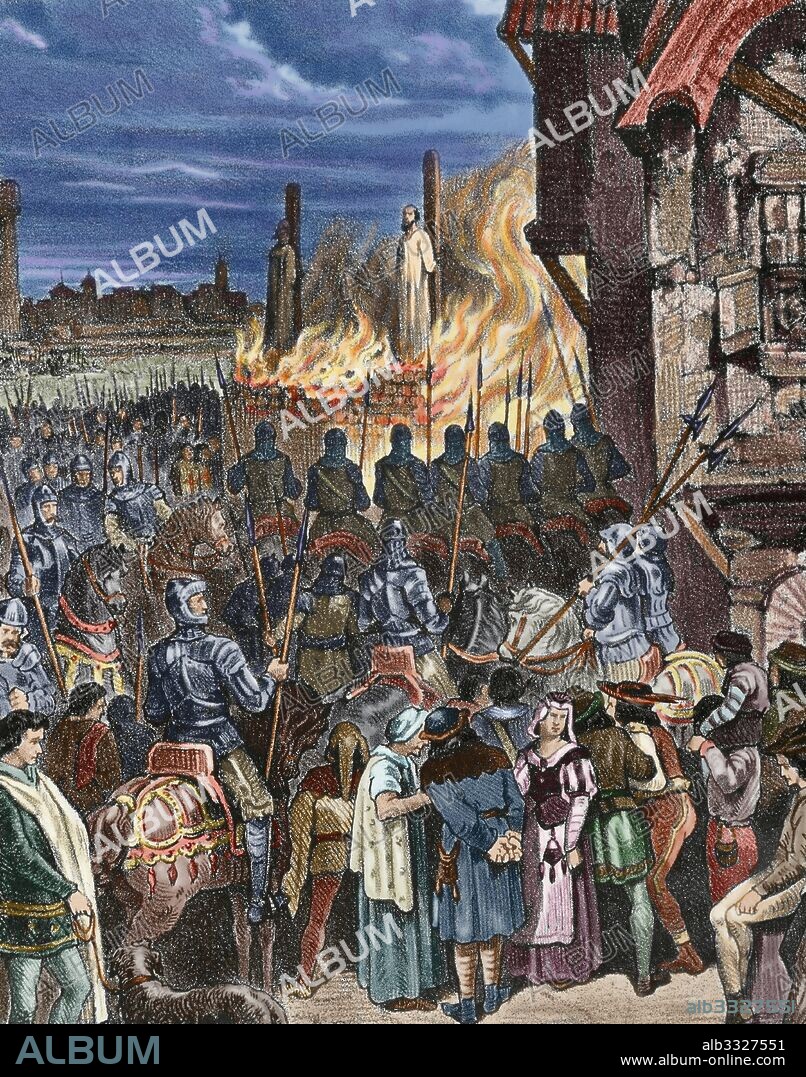 ORDENES MILITARES DE LA EDAD MEDIA. "ABOLICION DE LA ORDEN DEL TEMPLE" (1312). Grabado de "Historia de España", del siglo XIX. Coloreado.