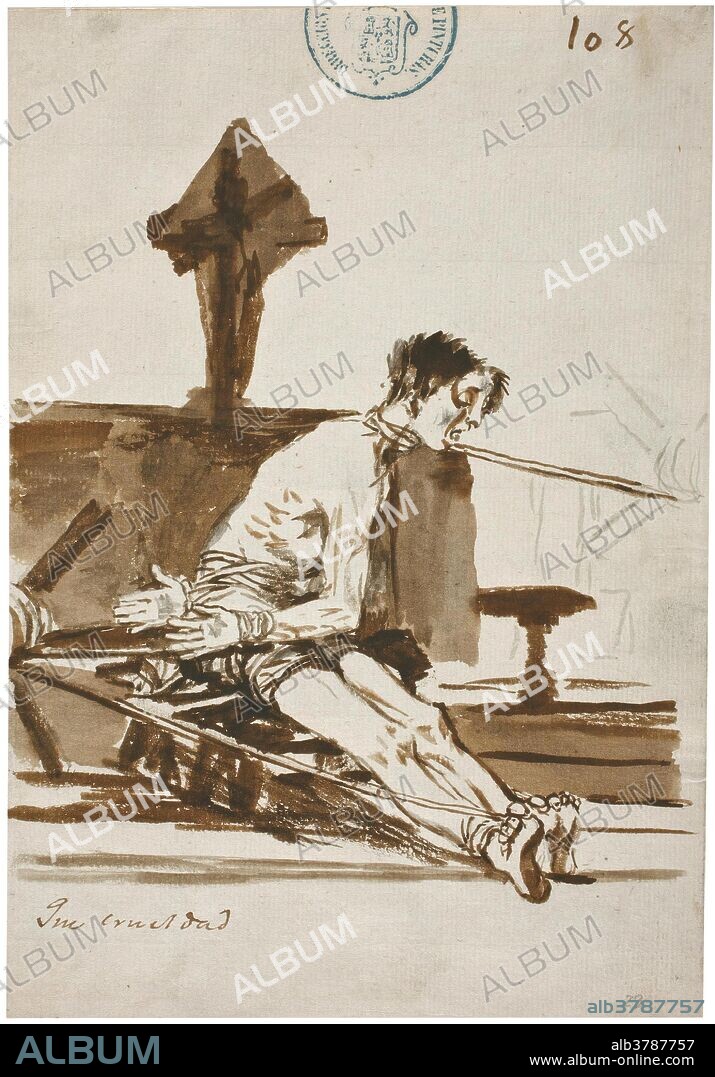 Francisco de Goya y Lucientes / 'Que crueldad. Álbum C, 108'. 1810 - 1811. Aguada, Pincel, Tinta de hollín, Tinta parda, Tinta ferrogálica sobre papel verjurado, 205 x 143 mm.