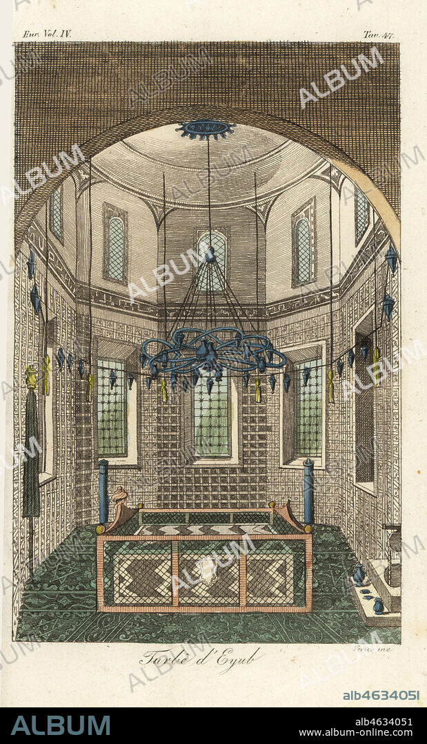 Turbe or tomb of Abu Ayyub al-Ansari in the Eyup Sultan Mosque, Istanbul. The tomb is open day and night and lit with two large torches and a flagpole wrapped in green cloth. Walls covered in Isnik tiles. Turbe dEyub. Chapelle sepulchrale dEyub. Handcoloured copperplate engraving by Verico after Giulio Ferrario in his Costumes Ancient and Modern of the Peoples of the World, Il Costume Antico e Modern o Story, Florence, 1842. Copied from Ignace Mouradgea dOhssons Tableau General de lEmpire Othoman, Paris, 1790.
