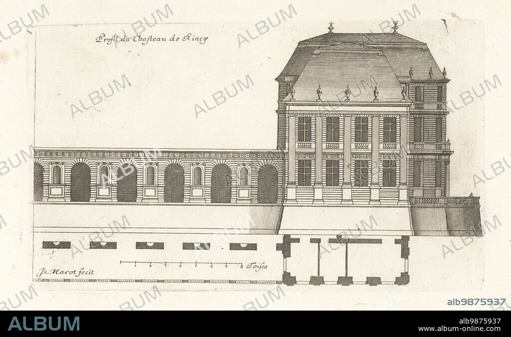 Profile of the Chateau du Raincy, designed by French architect Louis Le Vau, built between 1643 and 1650 for Jacques Bordier, intendant des finances. Profil du Chasteau de Rincy. Copperplate engraving drawn and engraved by Jean Marot from his Recueil des Plans, Profils et Elevations de Plusieurs Palais, Chasteaux, Eglises, Sepultures, Grotes et Hotels, Collection of Plans, Profiles and Elevations of Palaces, Castles, Churches, Tombs, Grottos and Hotels, chez Mariette, Paris, 1655.