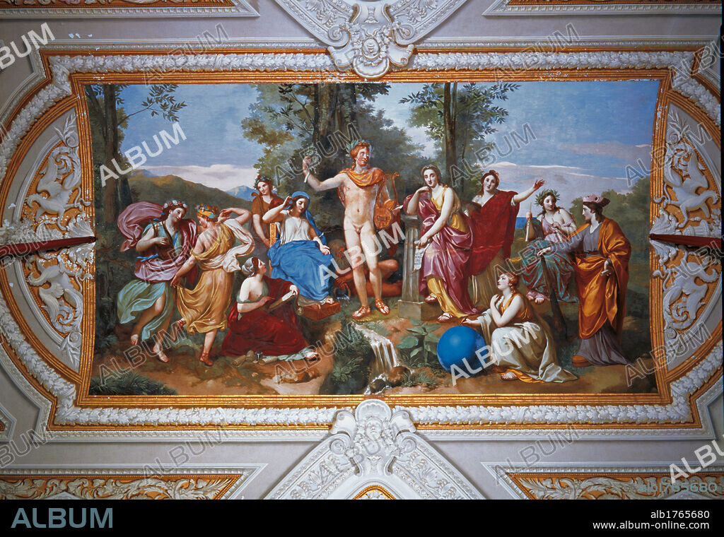 The Parnassus, by Anton Raphael Mengs, 1760-1761, 18th Century, fresco,. Italy, Lazio, Rome, Villa Torlonia former Albani, gallery vault. All. Parnassus Apollo dancing Muses musical instruments zither laurel wreath frames monochrome.