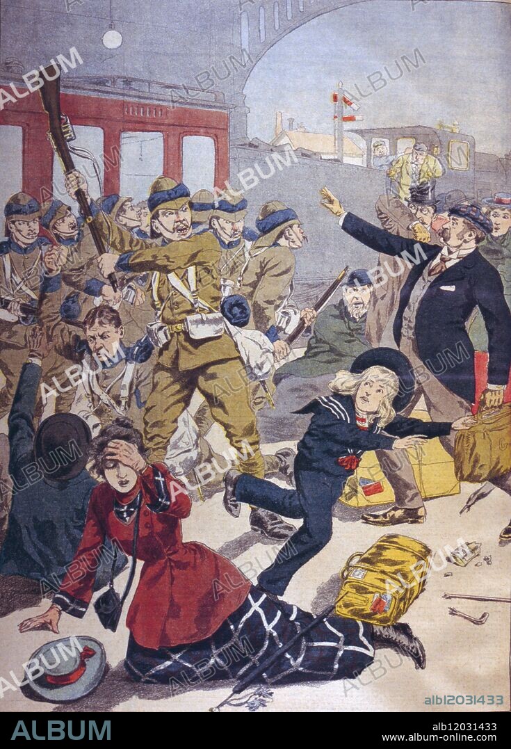 Boer War - Le Petit Journal 1902-1904 - surplus of English soldiers in a station -. Two Boer Wars were fought between the British Empire and the two independent Boer republics, the Orange Free State and the South African Republic ( Transvaal Republic ) founded by settlers known as Voortrekkers who made the Great Trek from the Cape Colony - The war most commonly referred to as the "Boer War" is the Second Boer War. ©TopFoto.