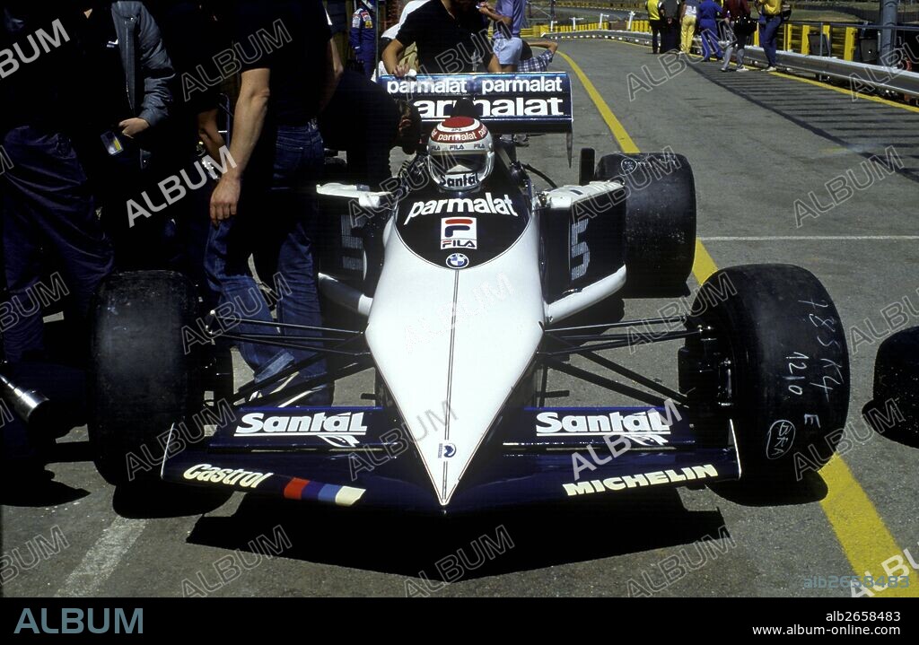 Nelson Piquet in Brabham BMW engined BT52 at the British GP, went on to win the World title. Silverstone, England 1983.