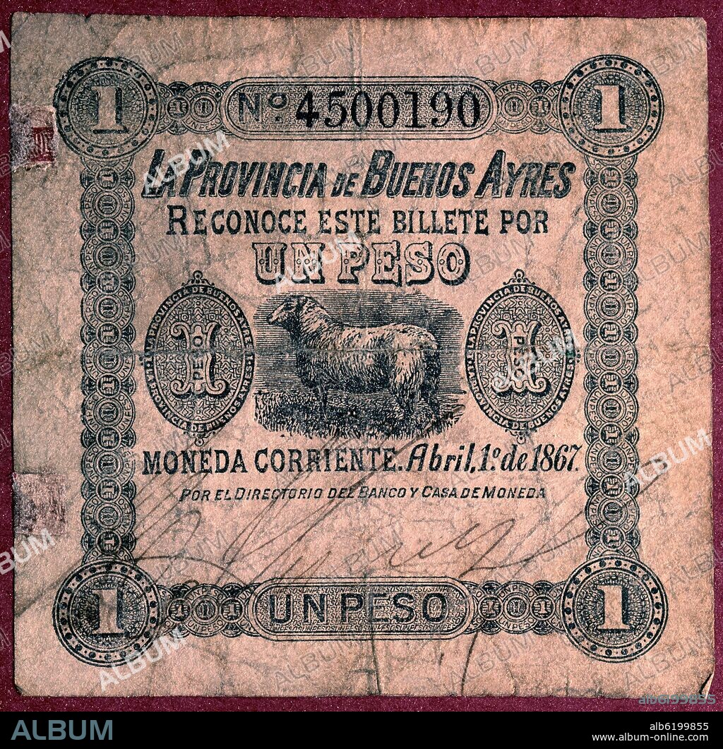 AUTOR LIBRE 01307. BILLETE DE UN PESO DE LA PROVINCIA DE BUENOS AIRES -  ARGENTINA - ABRIL DE 1867.