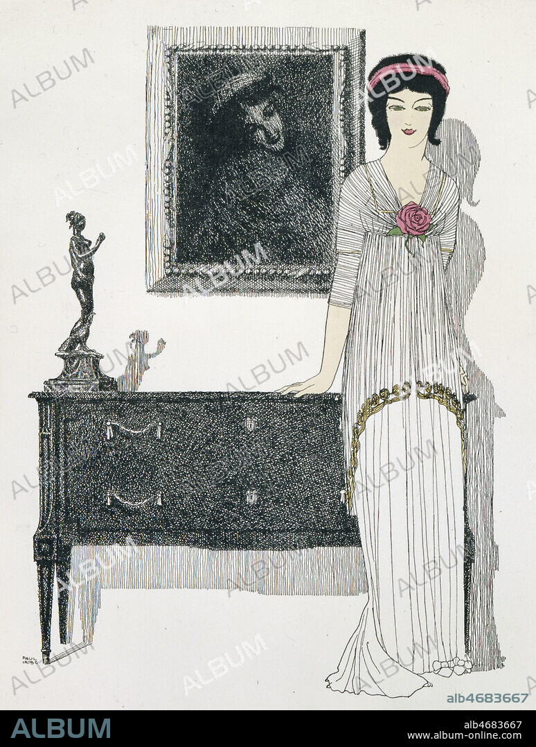 Une femme appuyee contre un meuble porte une robe de Paul POIRET (1879-1944). Dessin de Paul IRIBE (1883-1935) vers 1910. Credit : Collection KHARBINE-TAPABOR.