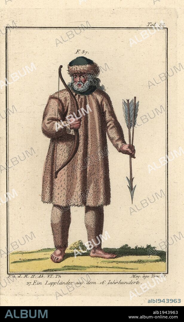 Laplander of the 1600s, wearing clothes and hat of fine fur. Handcolored copperplate engraving from Robert von Spalart's "Historical Picture of the Costumes of the Peoples of Antiquity, the Middle Ages and the New Era," written by Leopold Ziegelhauser, Vienna, 1837. Illustration from Cesare Vecellio's Habiti antichi e moderni, Venice, 1590.