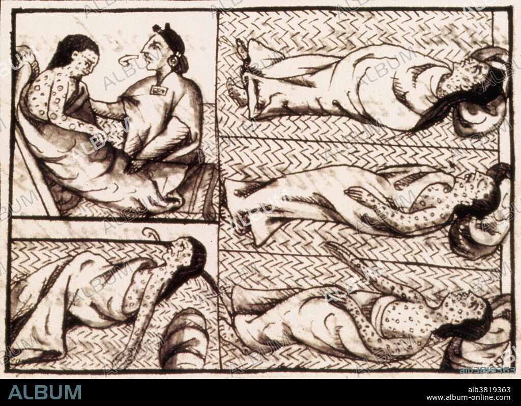 Illustration of Aztecs dying from smallpox. Hernan Cortes' (1485-1547) Spanish conquistadors brought European diseases to Central America that proved far more deadly to the indigenous populations than the foreign weapons. Here, the Florentine Codex (compiled 1540-1585) shows Aztecs dying from smallpox, against which they had no defense. The Florentine Codex comprises twelve books compiled in the late 16th century by the conquering Spaniards and filled with copies of original source material recording conversations with indigenous people. It is full of illustrations.