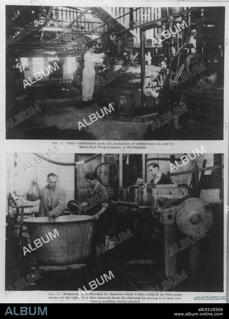 Deep fermentation tanks for production of streptomycin as used by Boots Pure Drug Company at Nottingham.Streptomycin is absorbed by charcoal which is then collected by filter press shown on the right. It is than removed from the charcoal by stirring in a tank containing acidified methyl alcohol. February 11, 1948.
