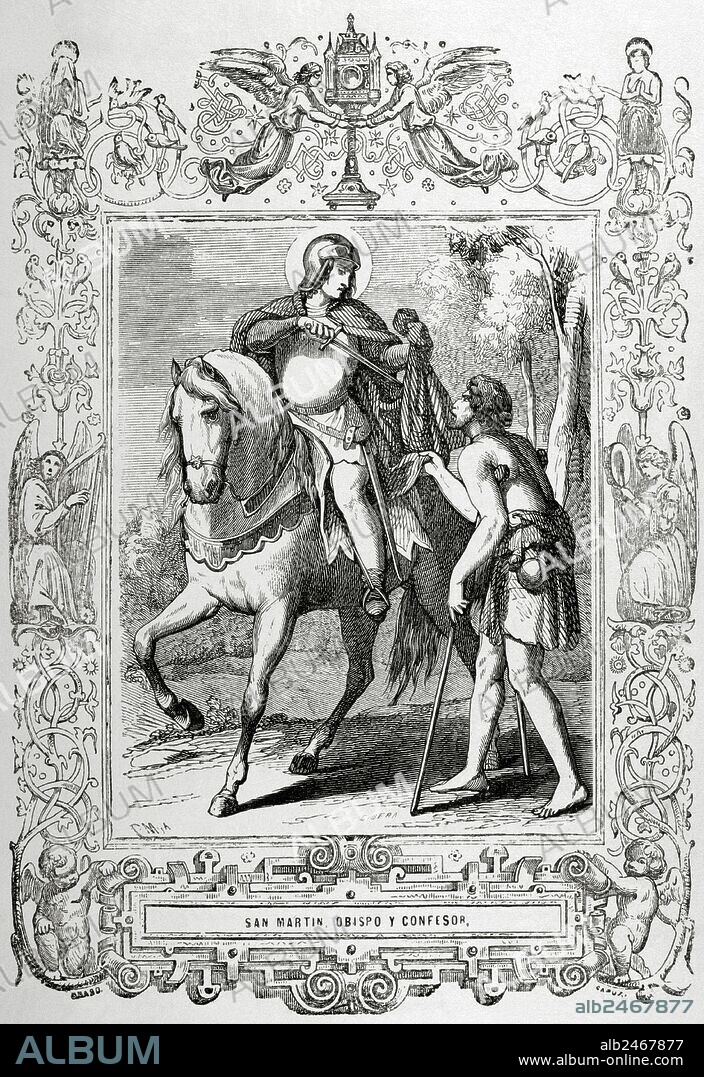 SAN MARTIN (520-580). Apóstol de los suavos. Arzobispo de Braga. San Martín cortando su capa en dos mitades para dársela a un mendigo, en la ciudad de Amiens. Grabado por Cibera. "Año Cristiano", 1853.