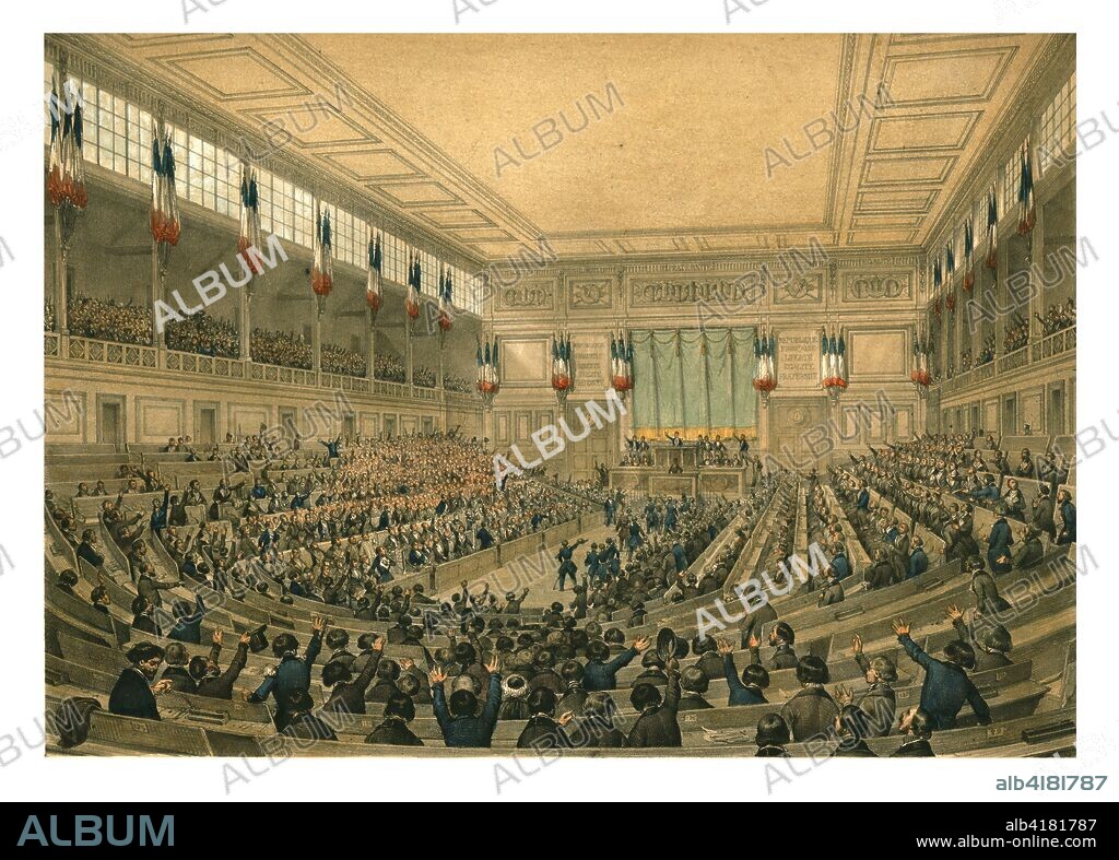 The National Constituent Assembly (French Second Republic), May 1848. 'Proclamation of a united and indivisible republic by the representatives of the people'. Depiction of the first meeting of the short-lived republican government of France under President Louis-Napoléon Bonaparte. It lasted from the 1848 Revolution to the 1851 coup, by which the president made himself Emperor Napoleon III and initiated the Second Empire.
