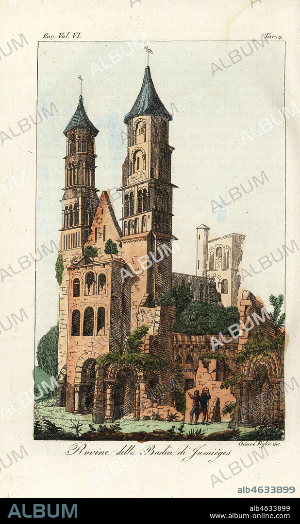 Ruins of Jumieges Abbey, Benedictine monastery in Normandy France. Rovine della Badia di Jumieges. Handcoloured copperplate engraving by Giarre brothers after Giulio Ferrario in his Costumes Ancient and Modern of the Peoples of the World, Il Costume Antico e Modern o Story, Florence, 1829.