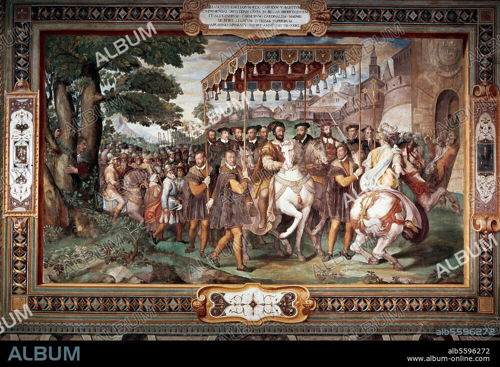Charles V, Roman-German Emperor and King of Spain; 1500-1558. - "King Francis I receives Charles V and Cardinal Alessandro Farnese in Paris". (Beginning of January 1540, intermediate station on the emperor's journey from Spain to Ghent to pacify the insurrection). Fresco, 1559, by Taddeo Zuccari (1529-1566). Caprarola, Palazzo Farnese.
