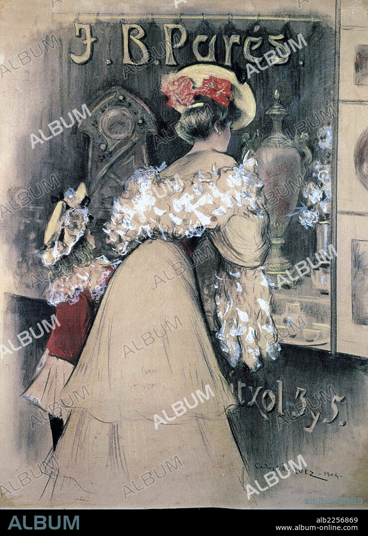 CARLOS VAZQUEZ. VAZQUEZ , CARLOS. PINTOR ESPAÑOL. DIBUJO A LAPIZ CARBON Y CERA. AÑO 1904. CARTEL.