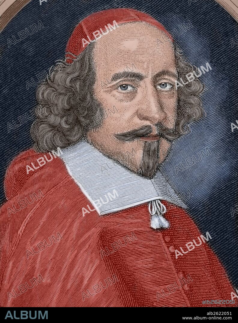 MAZARINO o MAZARIN, Giulio o Jules (Pescina, 1602-Vincennes, 1661). Cardenal y político francés de origen italiano. Hizo que Richelieu reparara en él, convirtiéndose en su protector. Sucedió a éste como ministro (1643) y dirigió el gobierno durante la regencia de Ana de Austria. Hizo triunfar al absolutismo derrotando el alzamiento de LA FRONDA (1648-1653). Grabado coloreado del siglo XIX.