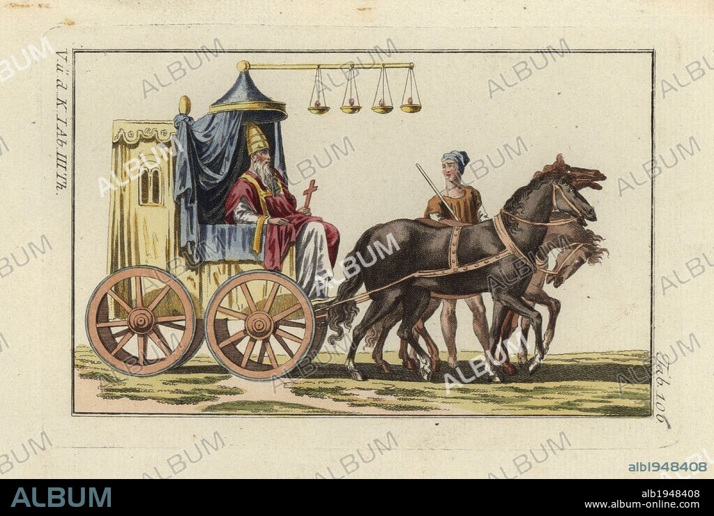 Three-horse chariot of the Byzantine Emperor Heraclius with canopy, candles, and curtains. Handcolored copperplate engraving from Robert von Spalart's "Historical Picture of the Costumes of the Principal People of Antiquity and of the Middle Ages" (1798).