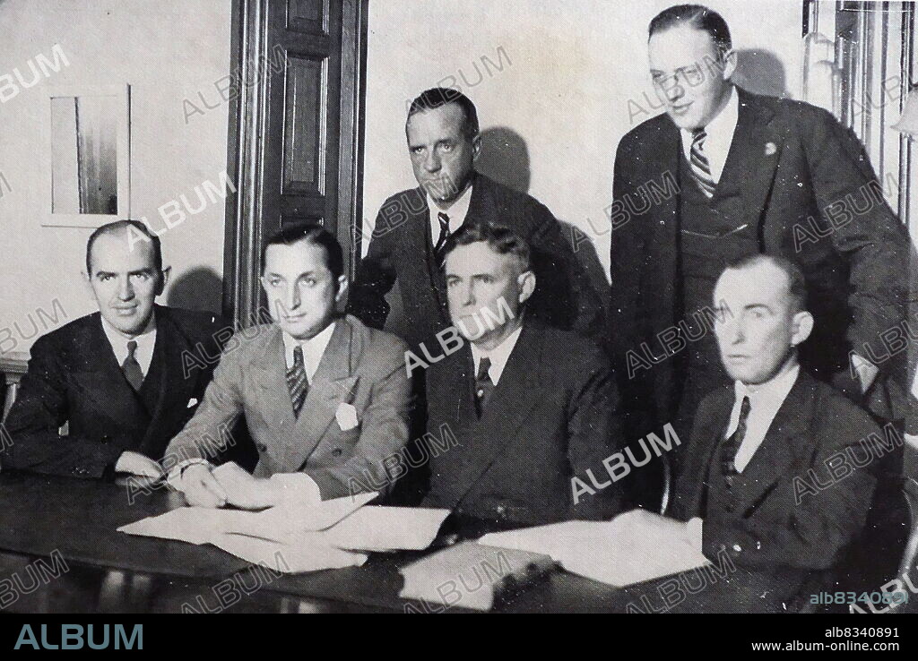 Attorney general Wilentz of New Jersey during the Lindbergh kidnapping trial. Left to right, front : Anthony M. Hauck, Mr. Wilentz, George K. Large, Joseph Lanigan; back row, left to right: Richard Stockton, Harry A. Wals. David Theodore Wilentz (December 21, 1894 - July 6, 1988) was the Attorney General of New Jersey from 1934 to 1944. In 1935 he successfully prosecuted Bruno Hauptmann in the Lindbergh kidnapping trial.