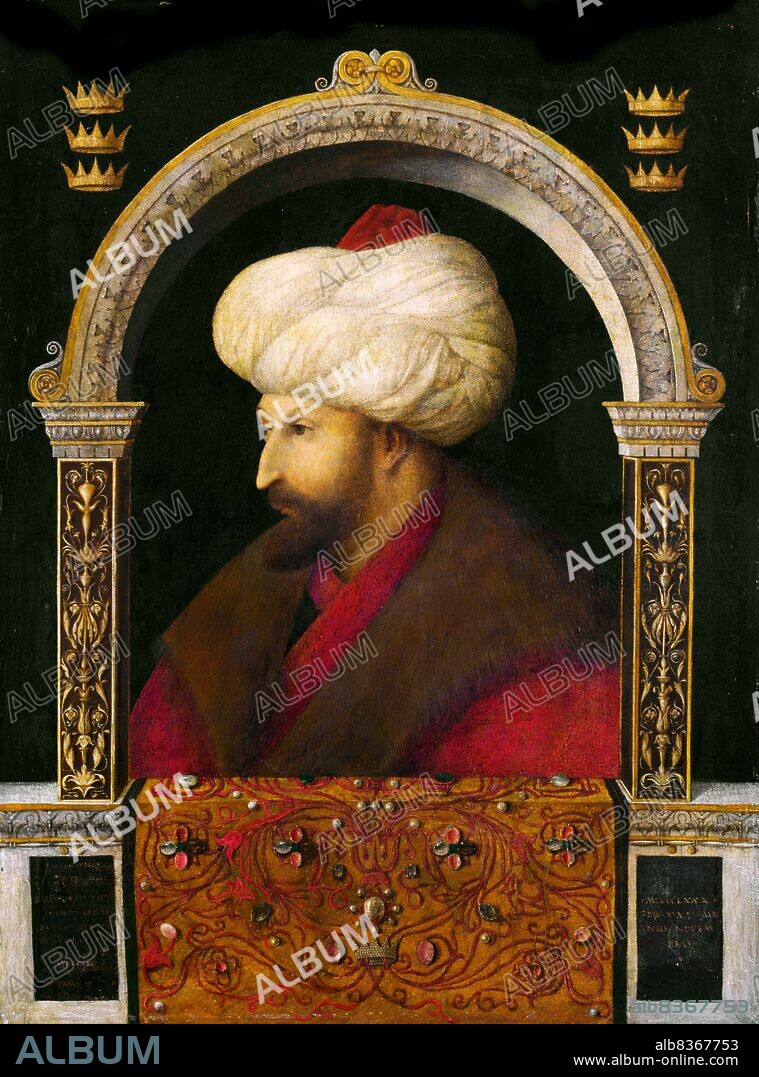 Turkey: A portrait of Sultan Mehmet II (1432-81) by Venetian artist Gentile Bellini (1429-1507), 1480.<br/><br/>. Mehmed II (March 30, 1432 May 3, 1481) or, in modern Turkish, Sultan Mehmet Fatih; known as Mahomet or Mohammed II in early modern Europe) was Sultan of the Ottoman Empire from 1444 to September 1446, and later from February 1451 to 1481. At the age of 21, he conquered Constantinople, now Istanbul, bringing an end to the Byzantine Empire.<br/><br/>. Sultan Mehmet Fatih seized power in Constantinople in 1471. He commissioned the painter Bellini to travel in 1479 from Venice to the Turkish capital.