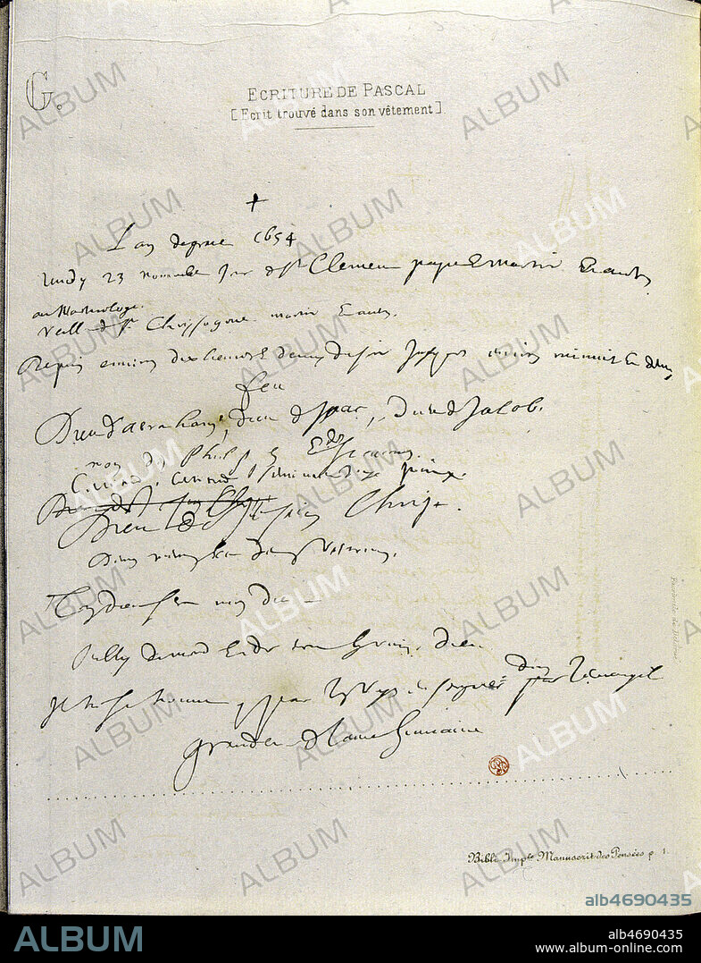 'Fac-simile d'un autographe authentique de Pascal, page G' Manuscrit pour l'ouvrage 'Defense de BLAISE Pascal (1623-1662) et accessoirement de Newton (1642-1727), Galilee (1564-1642) , Montesquieu(1689-1755), etc contre les faux documents (sur les faux autographes fabriques par Vrain-Lucas)' par FAUGERE a Paris en 1868 (XIXeme s., 19eme s., 19e s.) Credit: JEAN VIGNE / KHARBINE TAPABOR.