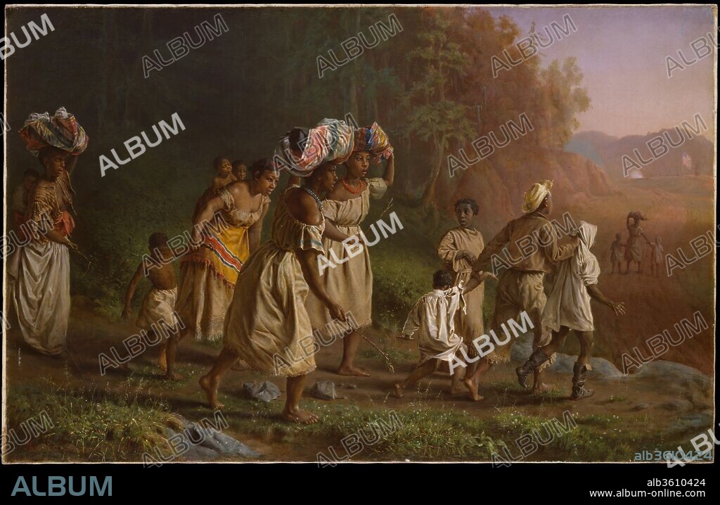 On to Liberty. Artist: Theodor Kaufmann (American (born Germany), Uelzen 1814-1896 New York). Dimensions: 36 x 56 in. (91.4 x 142.2 cm). Date: 1867.
Before coming to the United States in 1850, the German-born Kaufmann studied painting in Düsseldorf and Munich and fought in the 1848 popular uprisings in favor of national unity for Germany. As a Union soldier in the American Civil War, he may have seen retreating Confederate troops take their adult male slaves with them, leaving behind the women and children. Here, his portrayal of a group of fleeing figures suggests the lack of a clear route to liberty. They emerge from darkness into light but must traverse a rockstrewn path before arriving on the smooth road leading to the Stars and Stripes, which, however, remains frighteningly close to the ongoing battle.