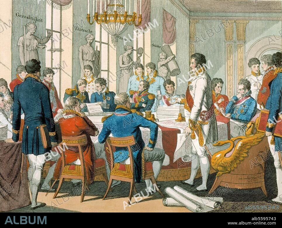 ANONYM. Deutscher Bund (lt. Bundesakte vom 8. Juni 1815). "Deutschlands Hoffnung" (Tagung des Bundestags in Frankfurt am Main. Bundesversammlung der bevollmächigten Gesandten aller Bundesstaaten). Radierung, koloriert, 1816. Frankfurt a. M., Historisches Museum.